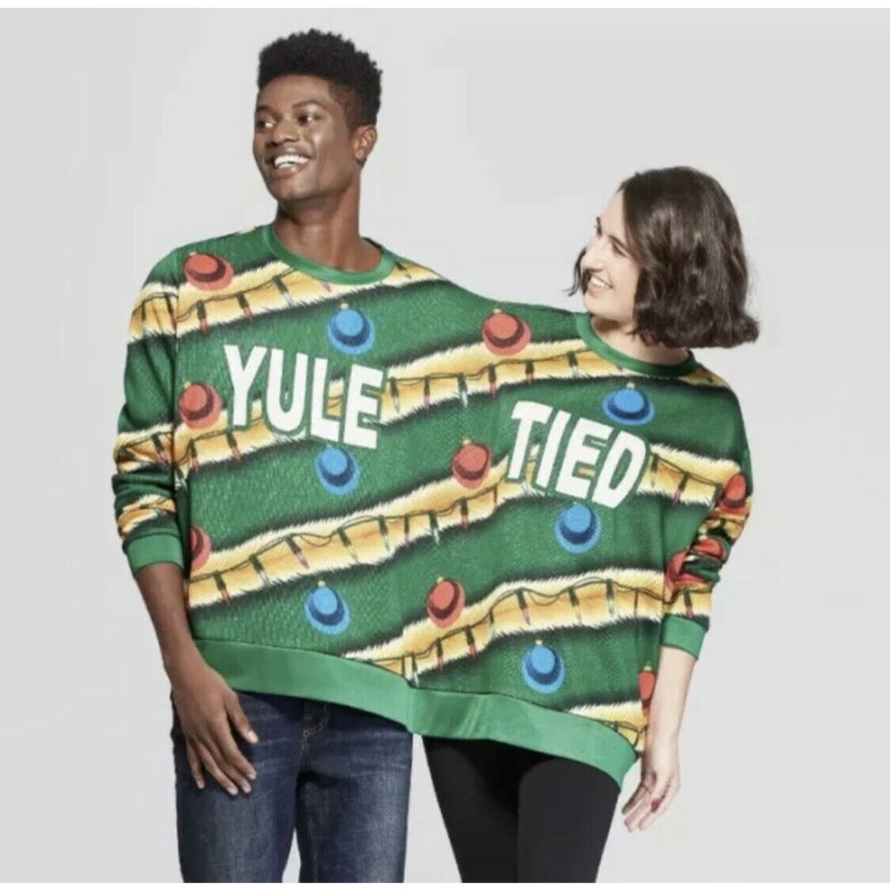 MAD ENGINE Ugly Christmas Holiday Long Sleeve Yule Tied Two-Person Green Sweater